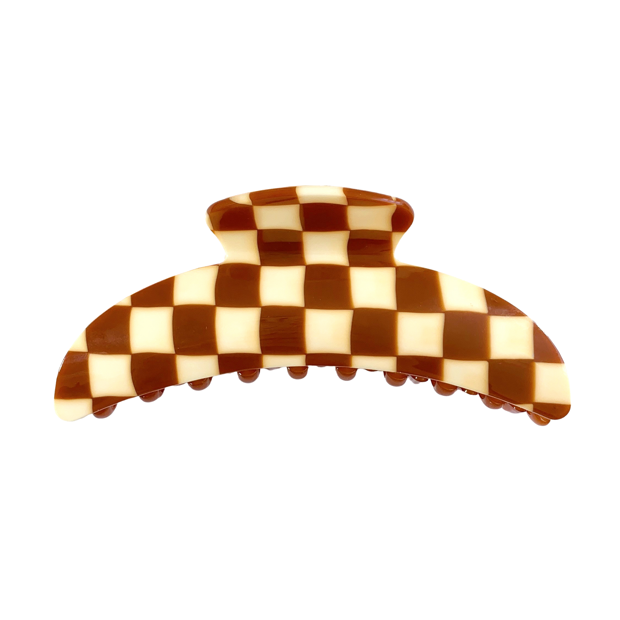 Meet ANNA!  A curved classic shape hair claw with double grip finish. The curved design makes it perfect for that all up look, and with the teeth being close together the grip works to hold all hair, from fine to thick.  Each clip comes in a branded Tort pouch (colours change seasonally).  Size: 12cm  Colour: cream and brown checkerboard  Material: eco-resin&nbsp;