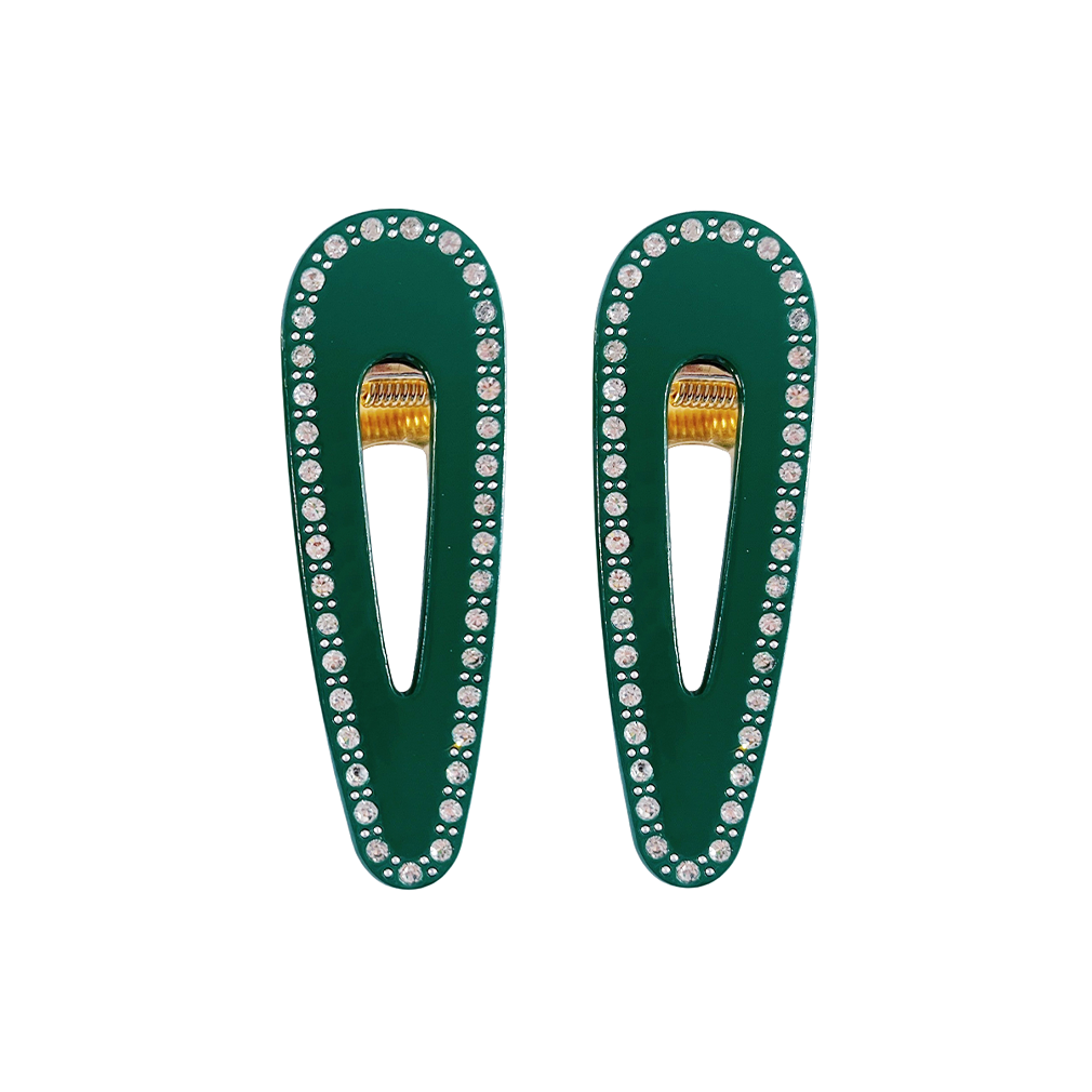Meet CORA!  Our OG clip, a rounded-edge barrette featuring rhinestones and gold hinge fastening with a teeth effect grip for a sturdy and reliable hold. Great for keeping hair in place or simply clipping back your grown out fringe.  Each clip comes in a branded Tort pouch (colours change seasonally).  Size: 7cm  Colour: forest green with silver rhinestone accents  Material: eco-resin 