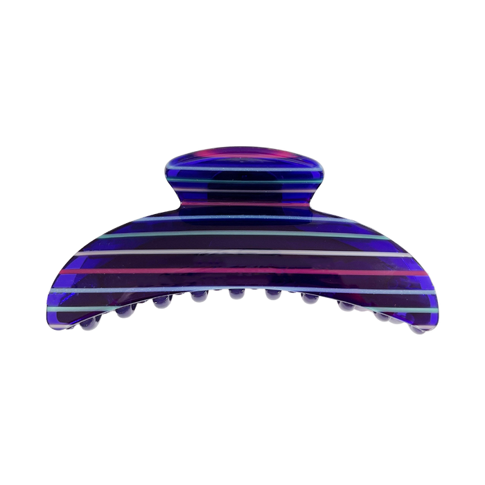 Meet ANNA!  A curved classic shape hair claw with double grip finish. The curved design makes it perfect for that all up look, and with the teeth being close together the grip works to hold all hair, from fine to thick.  Each clip comes in a branded Tort pouch (colours change seasonally).  Size: 12cm  Colour: navy blue with electric multi-colour stripes  Material: eco-resin