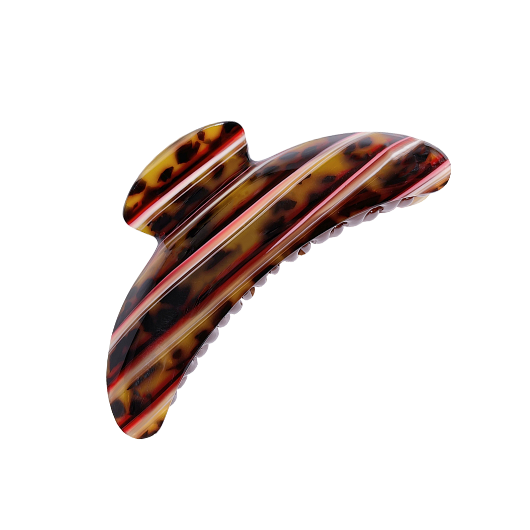 Meet DEMI!  A large curved classic shape hair claw with double grip finish. The curved design and wider body makes it perfect for that all up look, even for thicker hair.  Each clip comes in a branded Tort pouch (colours change seasonally).  Size: 13cm  Colour: brown leopard-like tortoiseshell with red and white stripes  Material: eco-resin 