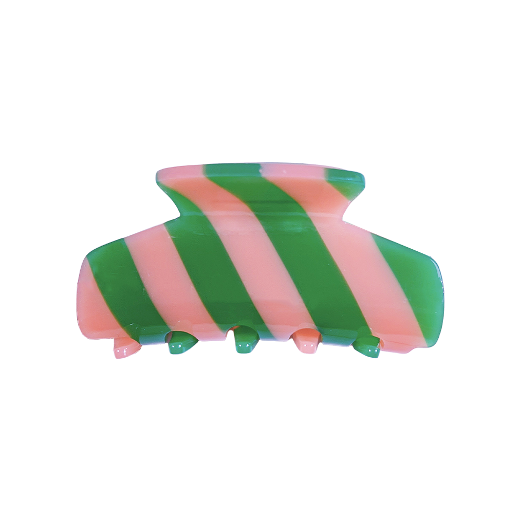 Meet LORA!  A medium sized silhouette claw in our signature stripes. Two resin patterns are merged together to create a colour combinations of dreams. The medium size makes it very easy to use and perfect for an all up look or securing a bun. For shorter hair it can be used for an all up look.  Each clip comes in a branded Tort pouch (colours change seasonally).  Size: 9cm  Colour: emerald green and peach-pink stripe  Material: eco-resin 