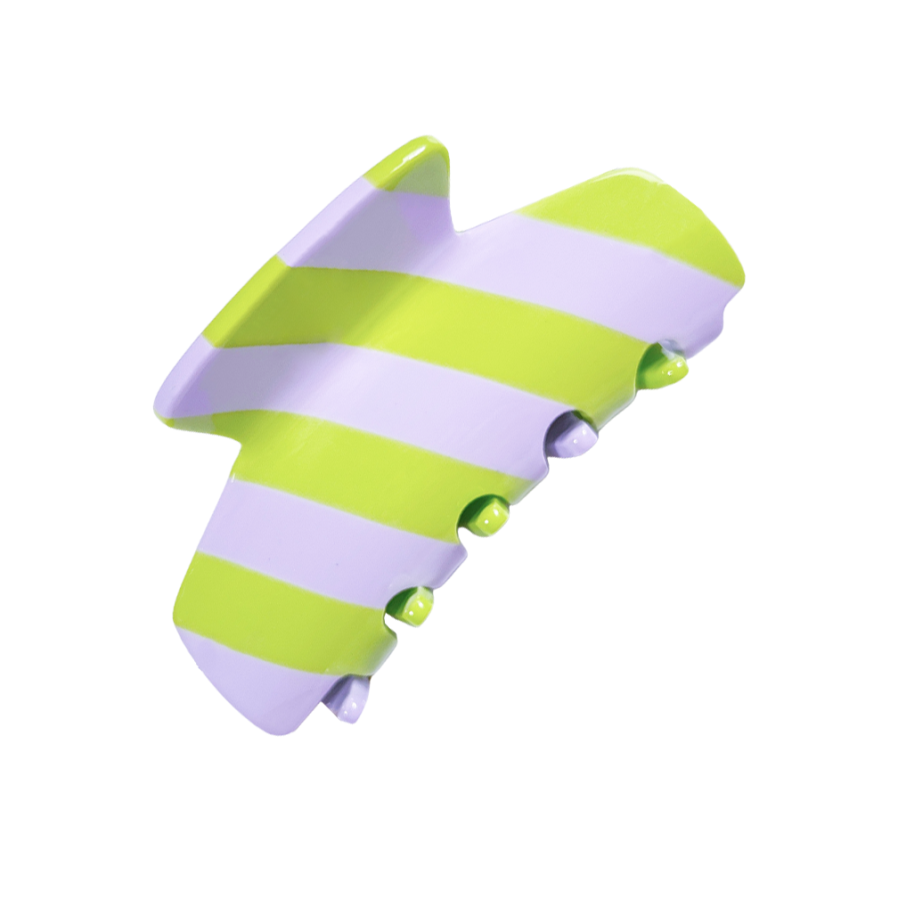 Meet LORA!  A medium sized silhouette claw in our signature stripes. Two resin patterns are merged together to create a colour combinations of dreams. The medium size makes it very easy to use and perfect for an all up look or securing a bun. For shorter hair it can be used for an all up look.  Each clip comes in a branded Tort pouch (colours change seasonally).  Size: 9cm  Colour: lilac and lime green stripe  Material: eco-resin