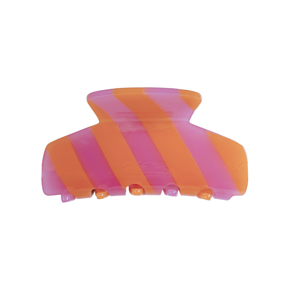 Meet LORA!  A medium sized silhouette claw in our signature stripes. Two resin patterns are merged together to create a colour combinations of dreams. The medium size makes it very easy to use and perfect for an all up look or securing a bun. For shorter hair it can be used for an all up look.  Each clip comes in a branded Tort pouch (colours change seasonally).  Size: 9cm  Colour: hot and peach-pink stripe  Material: eco-resin