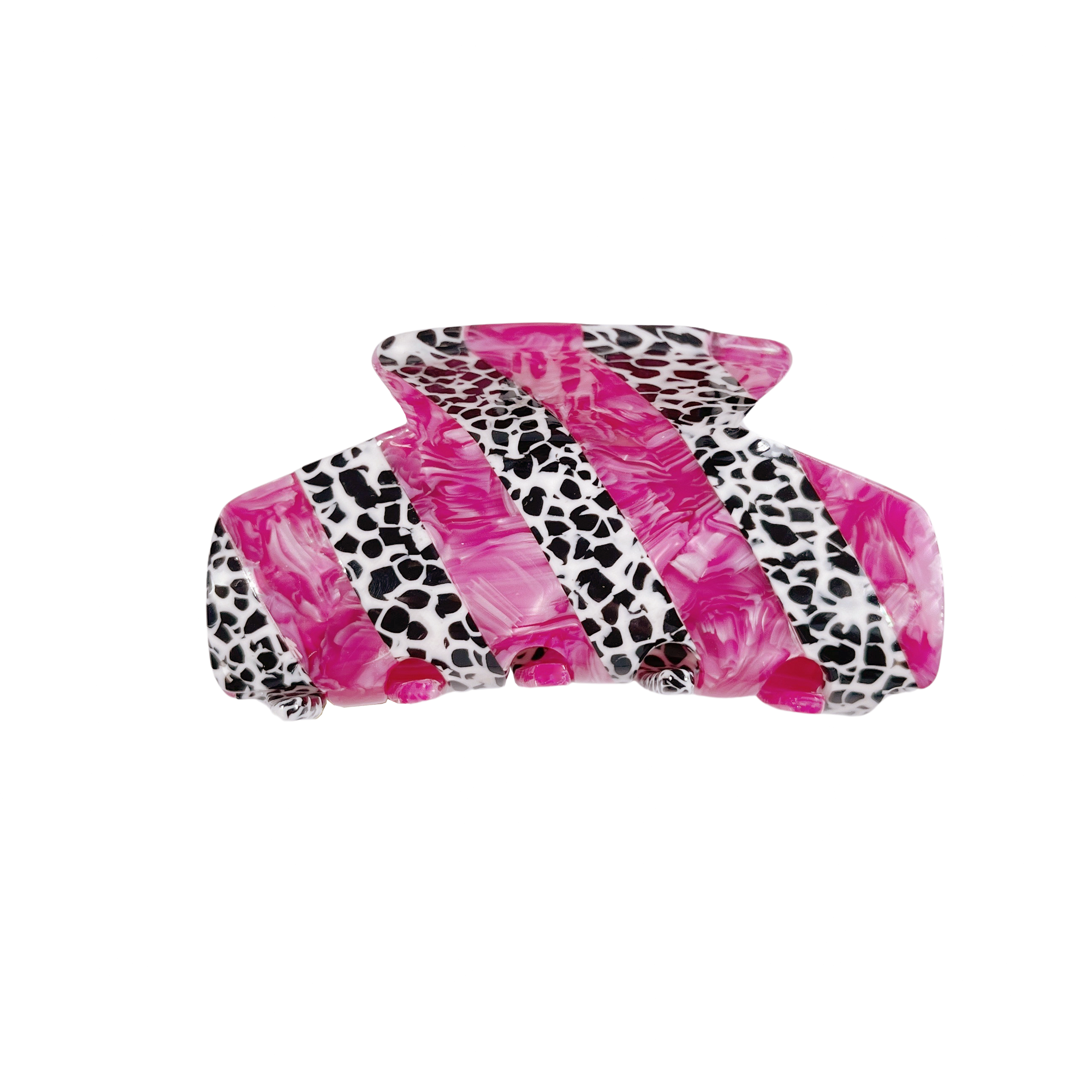 Meet LORA!  A medium sized silhouette claw in our signature stripes. Two resin patterns are merged together to create a colour combinations of dreams. The medium size makes it very easy to use and perfect for an all up look or securing a bun. For shorter hair it can be used for an all up look.  Each clip comes in a branded Tort pouch (colours change seasonally).  Size: 9cm  Colour: crimson pink with a Dalmatian-like pattern  Material: eco-resin 