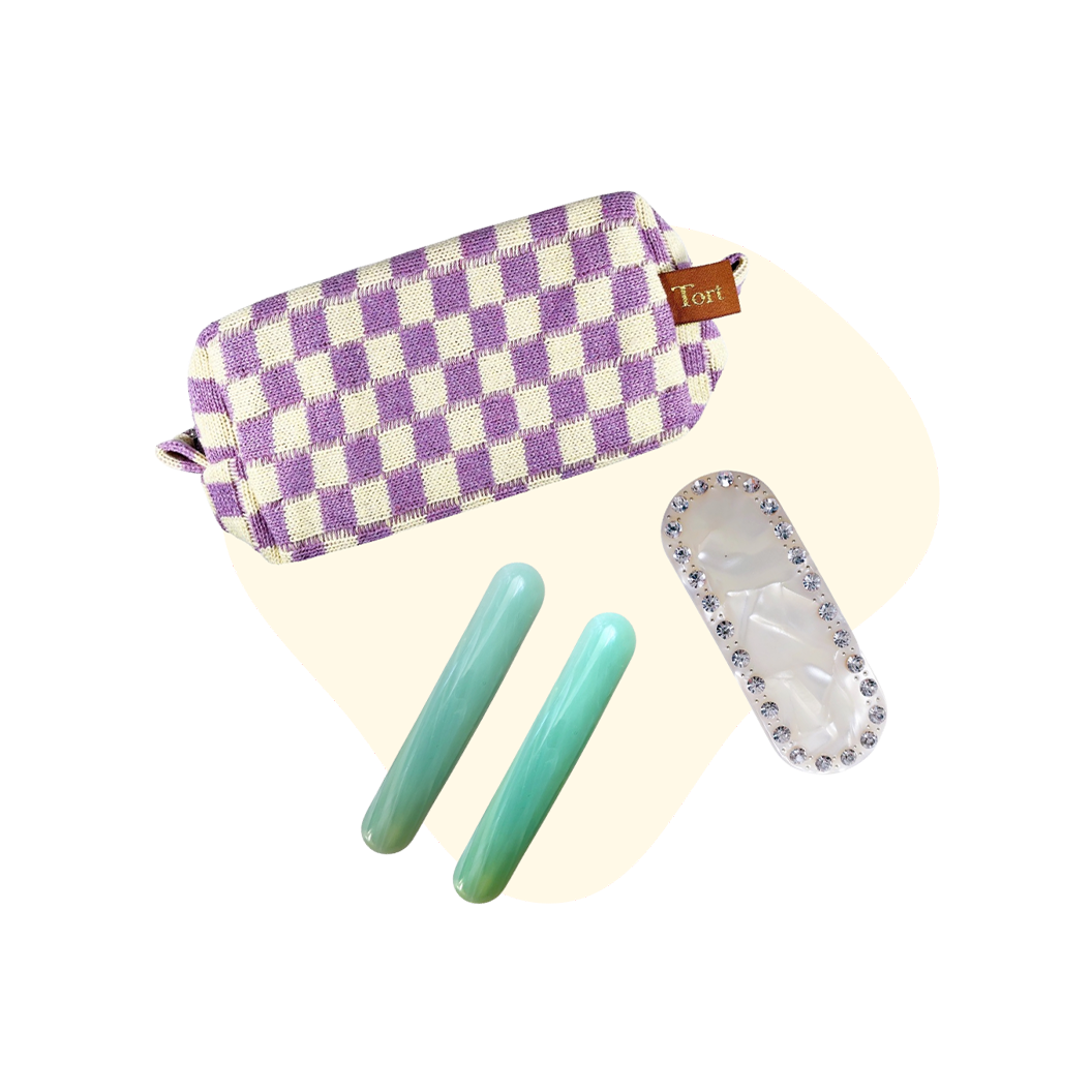 Meet the SHORT HAIR EDIT Gift Set  The perfect duo for short hair. The set includes EDIE in Mint Candy, ZADI in Ivory Jewel and a limited edition Tort Lilac Checkerboard Wash Bag.  Each clip comes in a branded pouch and in a Tort wash bag. The set must be returned as a whole set. Where the wash bag is not returned with the set, its value will be deducted from the refund.  Size: EDIE approx. 7cm / ZADI approx. 7cm  Material: eco-resin clips