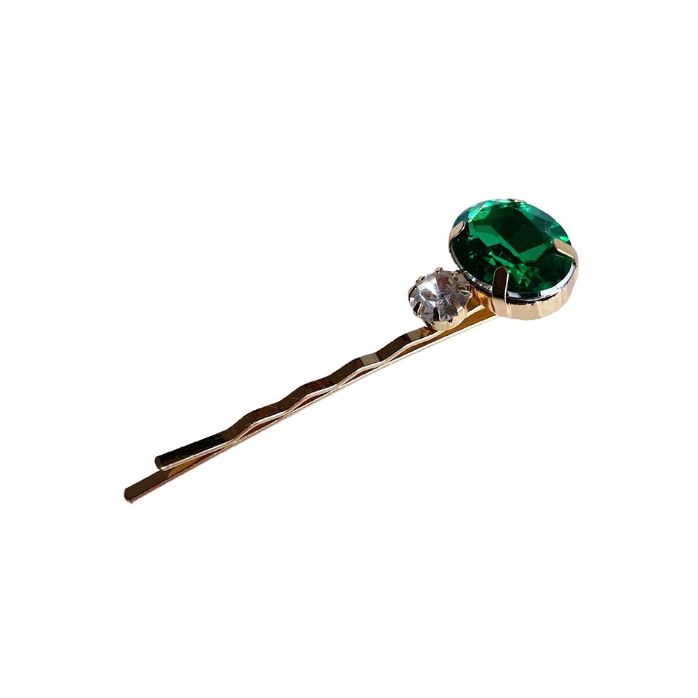 Meet BETH!  An oval emerald cut next to a smaller clear crystal design, on a gold-brass hair slide. The smaller hair slide ensures a secure fit and hold on most hair types, even fine hair.  Each clip comes in a branded Tort pouch (colours change seasonally).  Size: 6cm  Colour: emerald green and crystal  Material: hand crafted glass beads