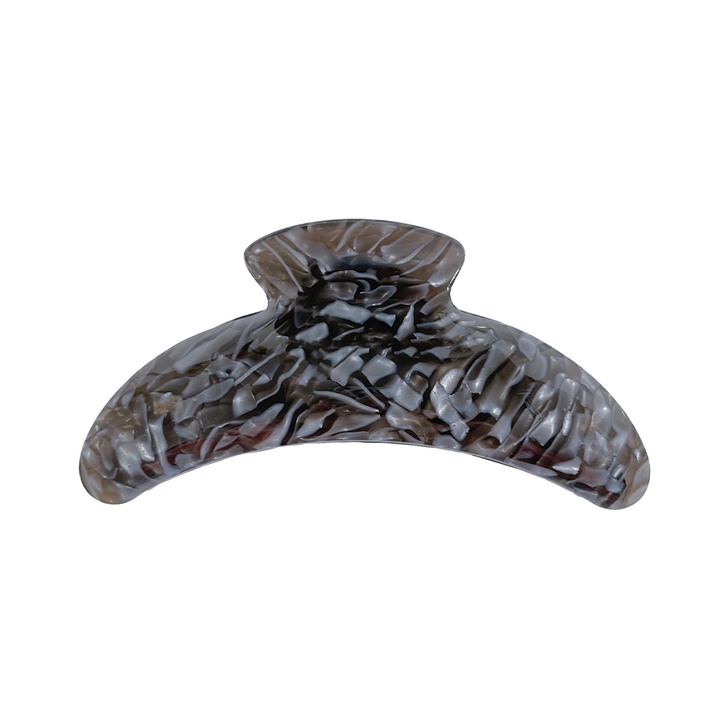 Meet DEMI!  A large curved classic shape hair claw with double grip finish. The curved design and wider body makes it perfect for that all up look, even for thicker hair.  Each clip comes in a branded Tort pouch (colours change seasonally).  Size: 13cm  Colour: smoky pearl  Material: eco-resin