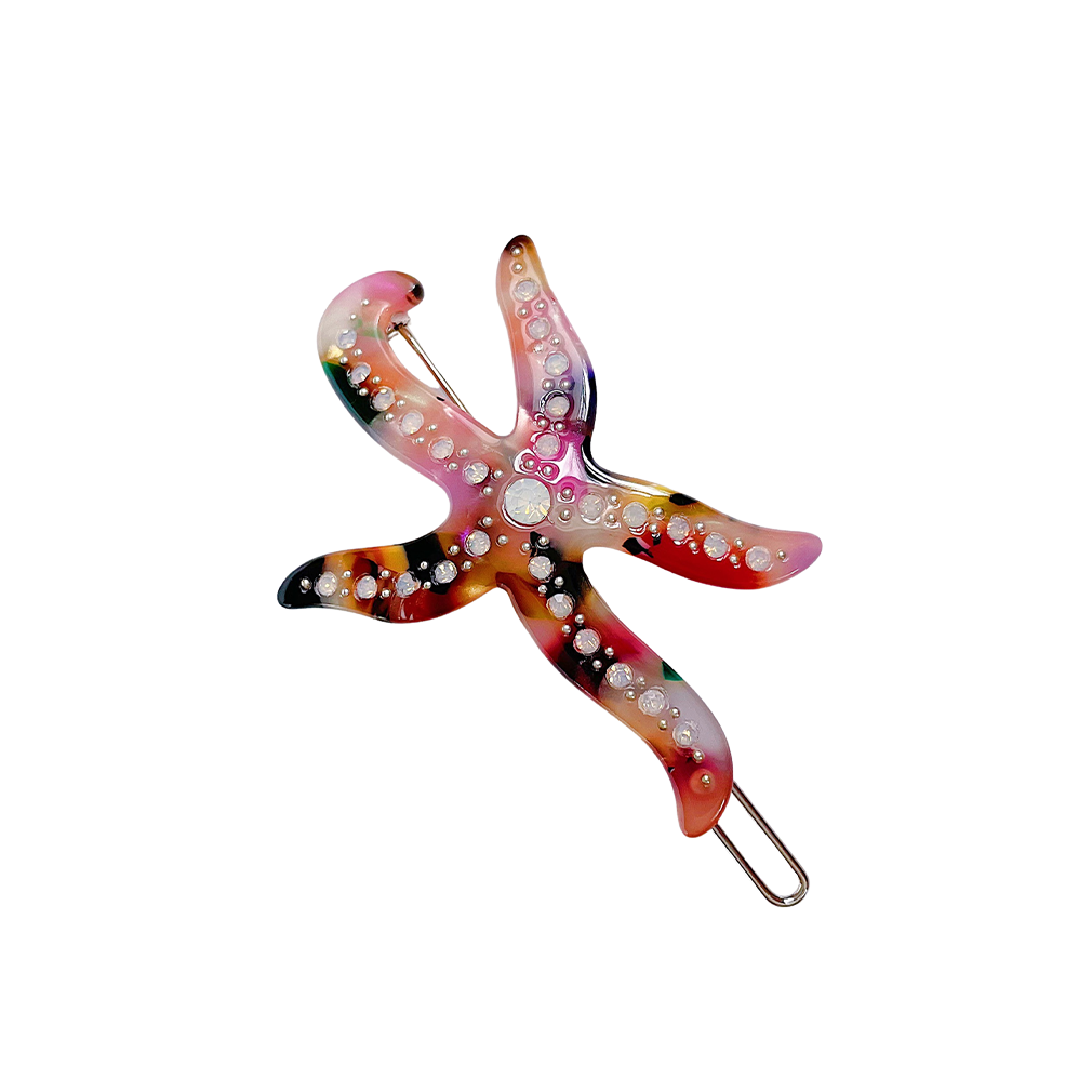 Meet ISLA!  A starfish clip in a multi colour marble effect resin opal rhinestones. It fastens with a pin clip on the back.  Each clip comes in a branded Tort pouch (colours change seasonally).  Size: 6cm  Colour: multicolour marble effect with opal rhinestone accents  Material: eco-resin