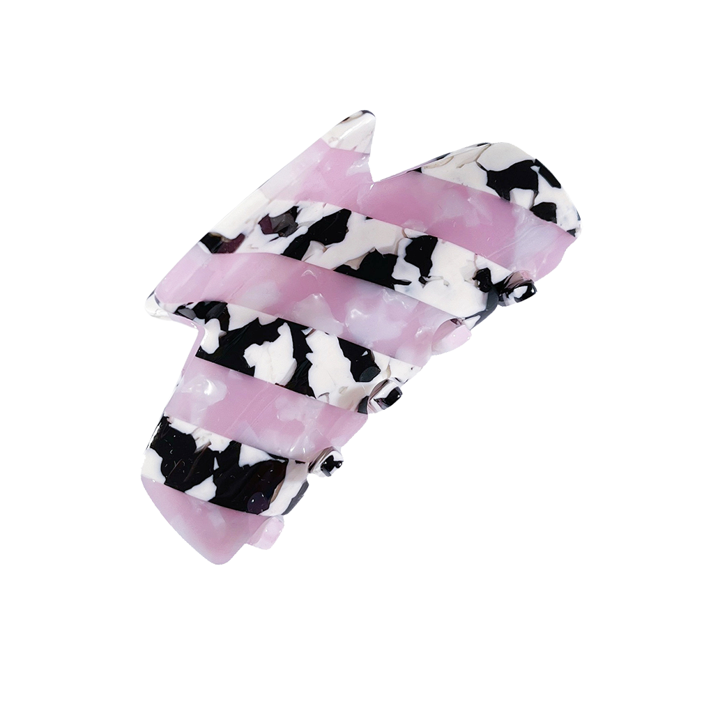 Meet LORA!  A medium sized silhouette claw in our signature stripes. Two resin patterns are merged together to create a colour combinations of dreams. The medium size makes it very easy to use and perfect for an all up look or securing a bun. For shorter hair it can be used for an all up look.  Each clip comes in a branded Tort pouch (colours change seasonally).  Size: 9cm  Colour: marbled baby pink and cow print stripe  Material: eco-resin