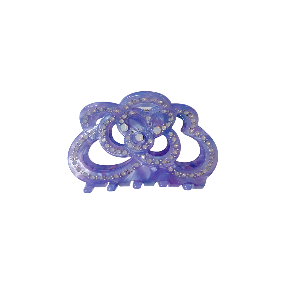 Meet ROSE!  A rose silhouette-shaped hair claw with rhinestone detailing. The small-medium size makes it great for a half up style or securing a top knot.   Each clip comes in a branded Tort pouch (colours change seasonally).  Size: 7.5cm  Colour: iridescent violet with opal rhinestone accents  Material: eco-resin